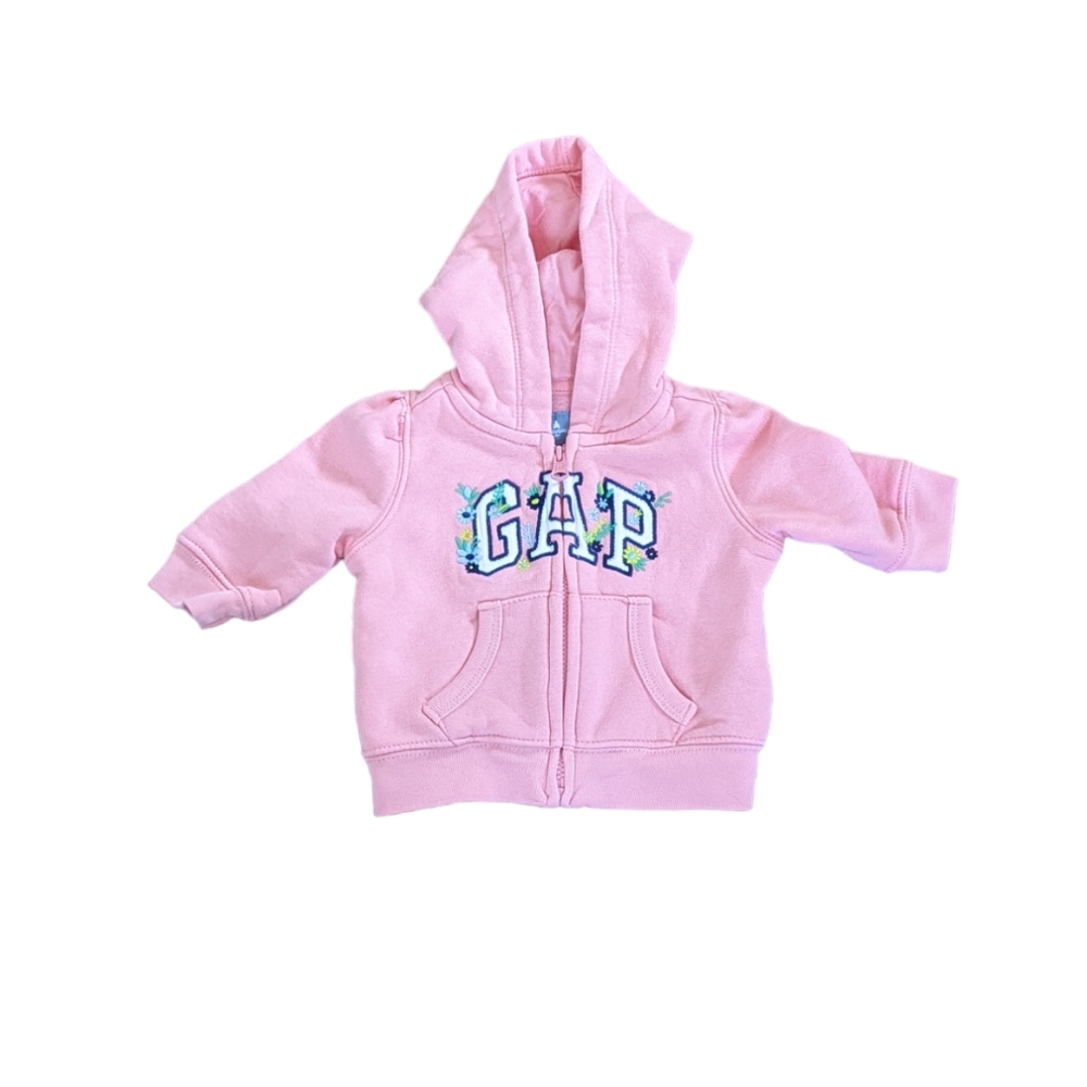 0-3 Months Baby Gap Pink Zip Up Hoodie with Embroidered Floral Detail